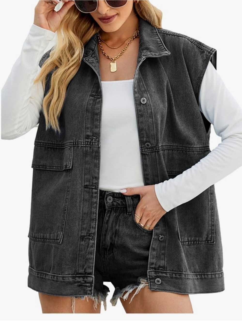 Washed Black Denim Vest Jean blazer women button front - Picture 5 of 8